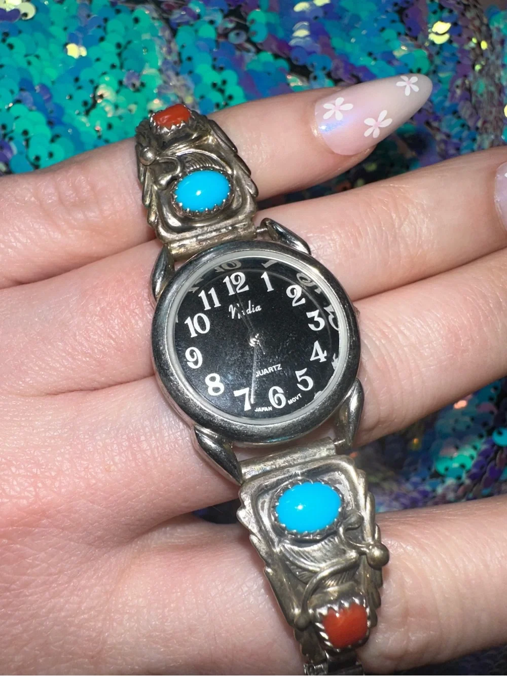 Running Bear Trading Co. • Vintage Sterling Turquoise & Coral Watch